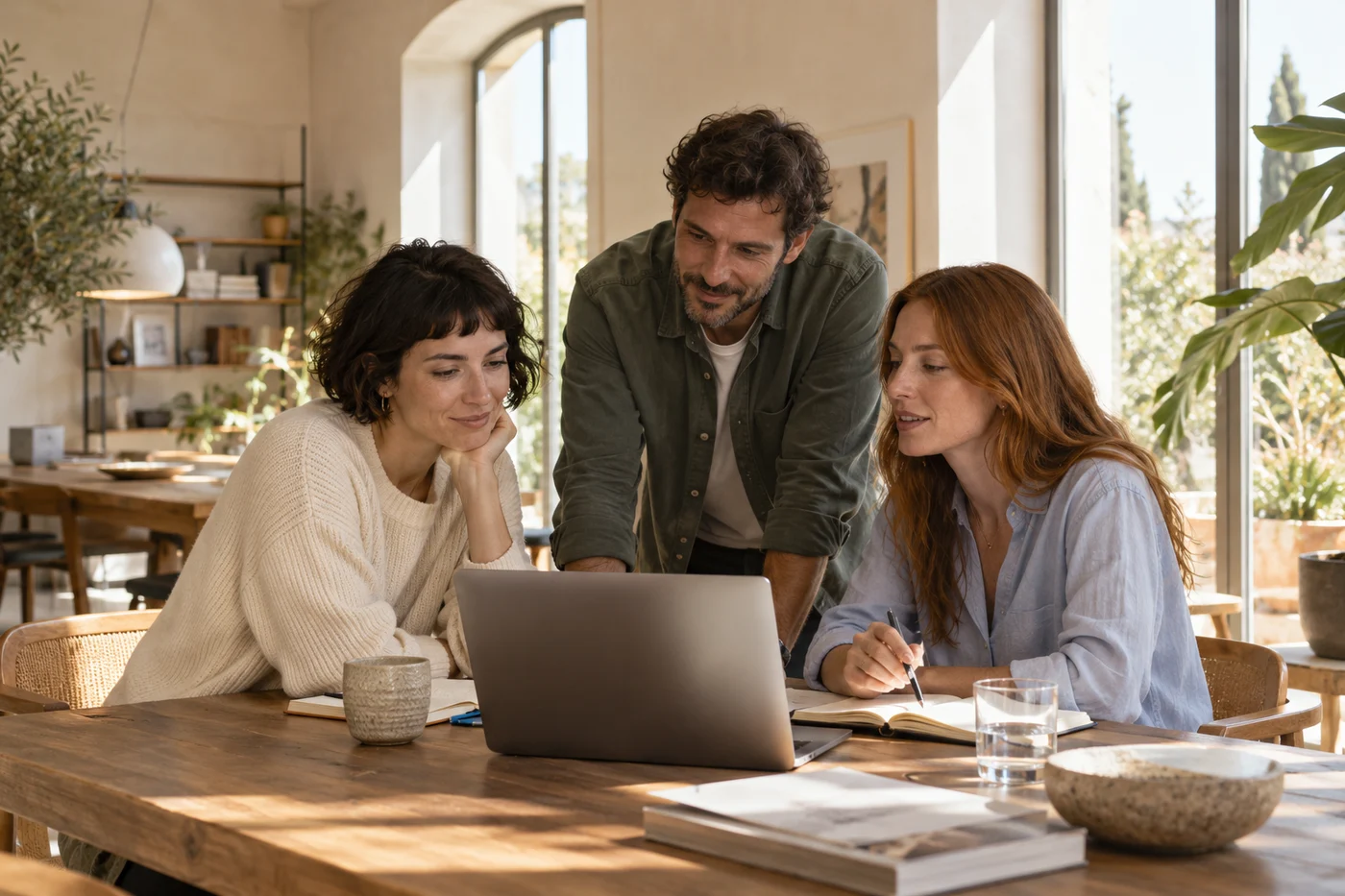 Tres compañeros organizando el trabajo juntos en una oficina luminosa