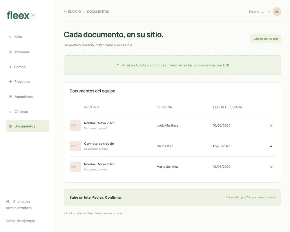 Vista de documentos de Fleex con nóminas, contratos, fechas de subida y asignación por empleado