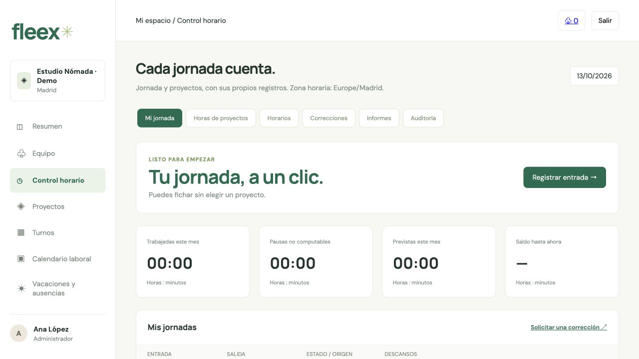 Pantalla de control horario de Fleex: fichaje, pausas, horarios y balances